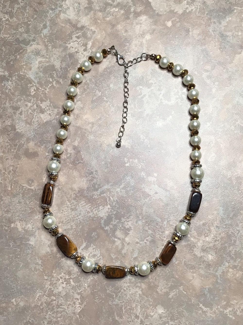 Vintage Statement Piece Faux Pearl and Tigers Eye Beaded Necklace